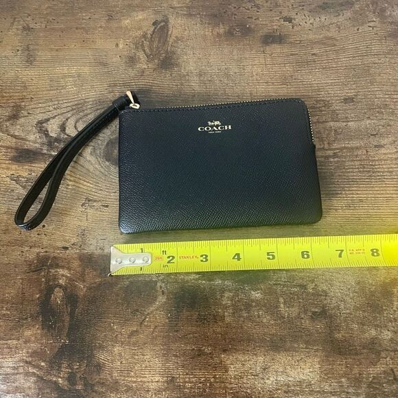 COACH Crossgrain Leather Corner Zip Wristlet, Black, Black & Gold - Picture 8 of 10